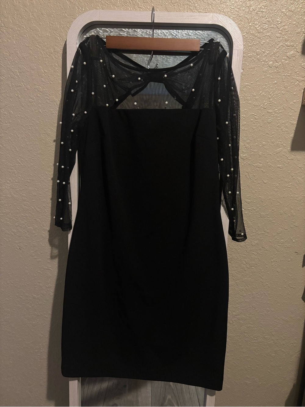 Karl Lagerfeld Black Dress with Pearl-Embellished Sheer Sleeves